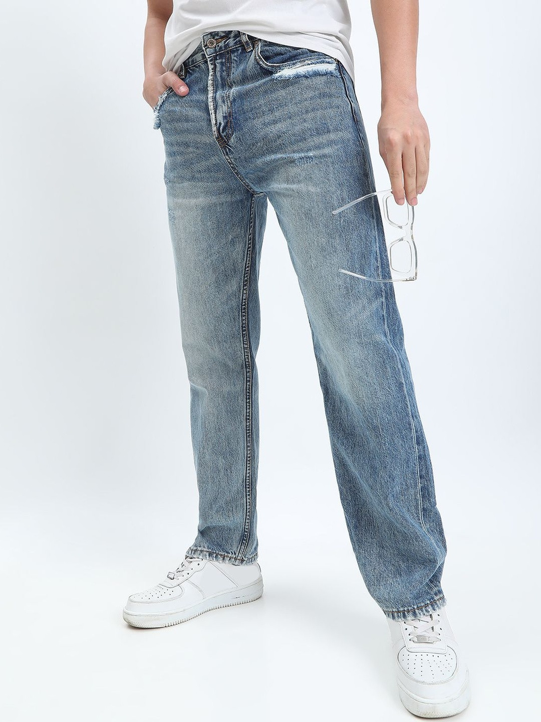 SHOWOFF Men Blue Comfort Straight Fit Low-Rise Mildly Distressed Jeans