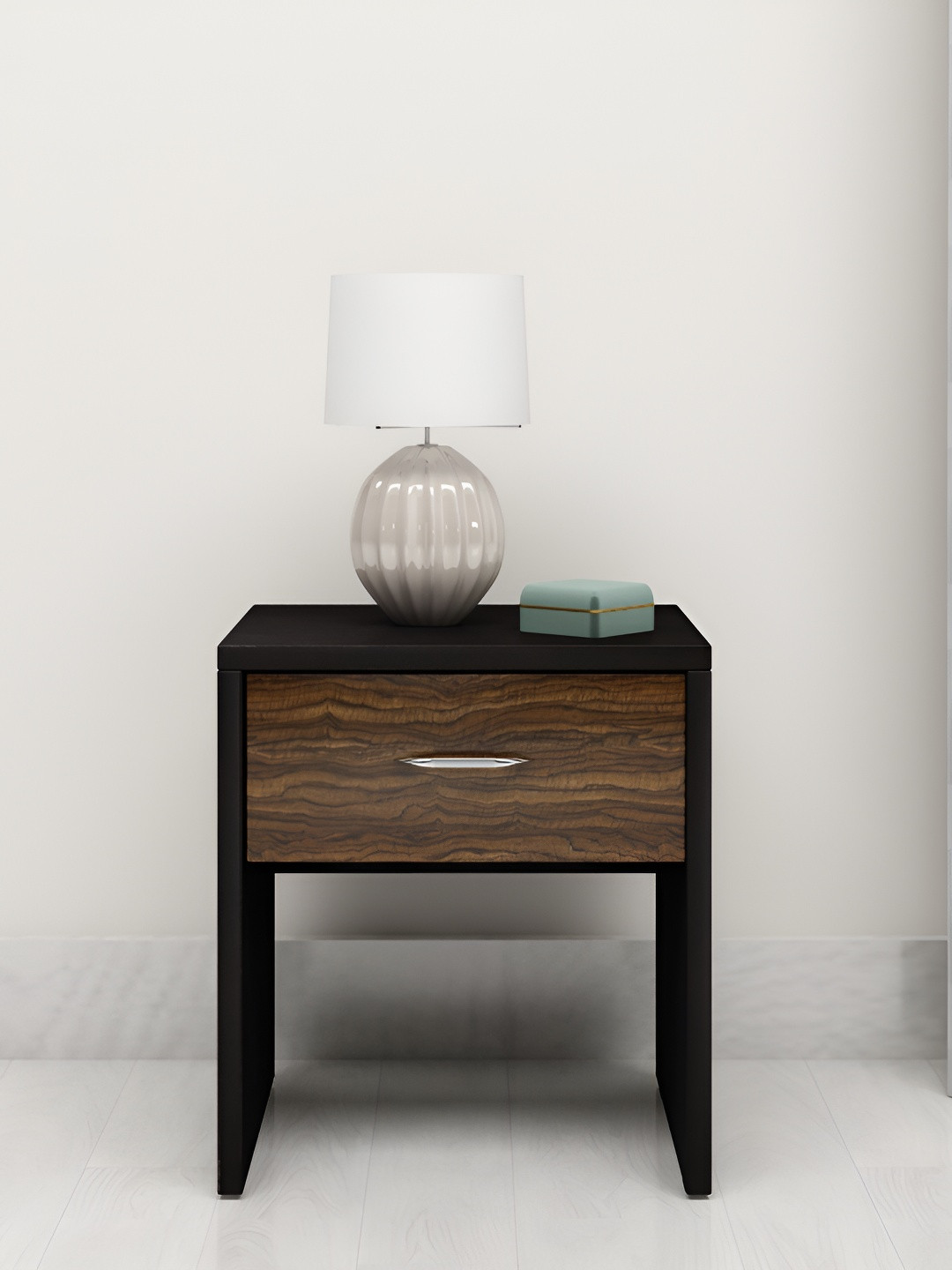 Crystal Furnitech Black & Brown Textured Wooden Rectangle Bedside Table