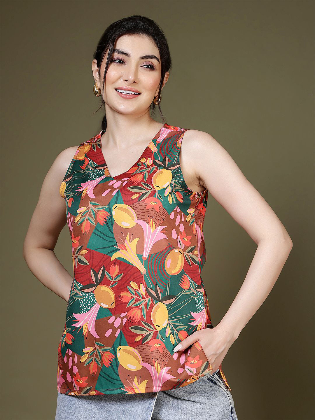 Anouk Rustic Botanical Printed V-Neck Sleeveless Kurti
