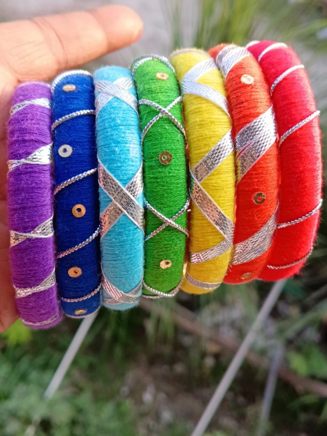 FLEXCY Set Of 7 Sterling Silver Thread Work And Sequence Design Bangles