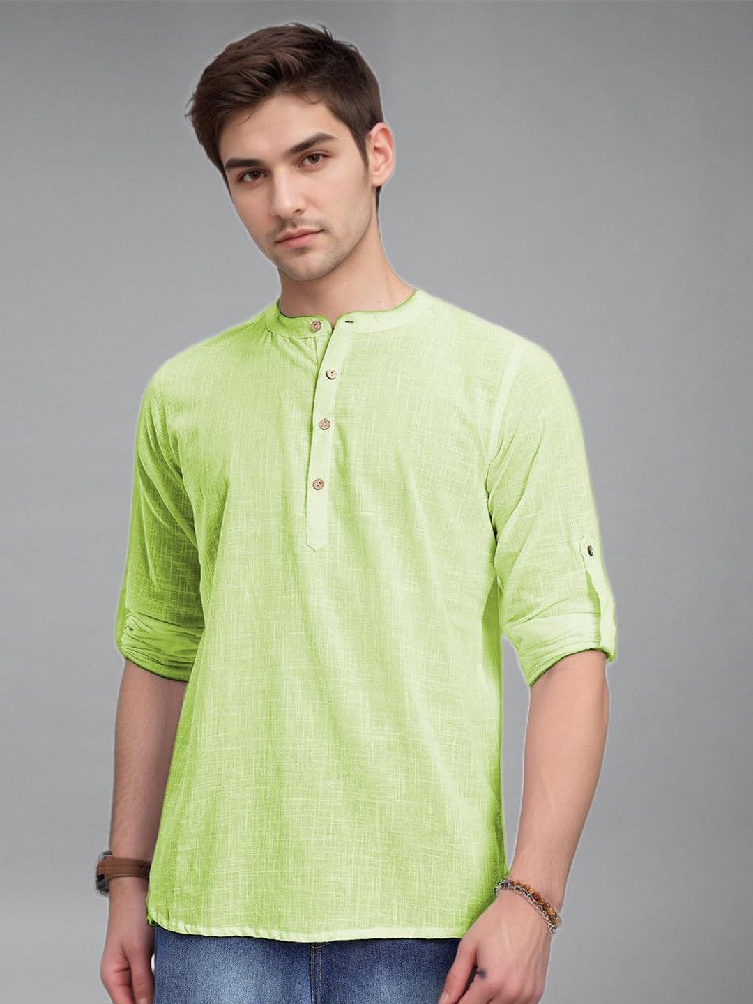 Vida Loca Men Band Collar Roll-Up Sleeves Straight Short Kurta