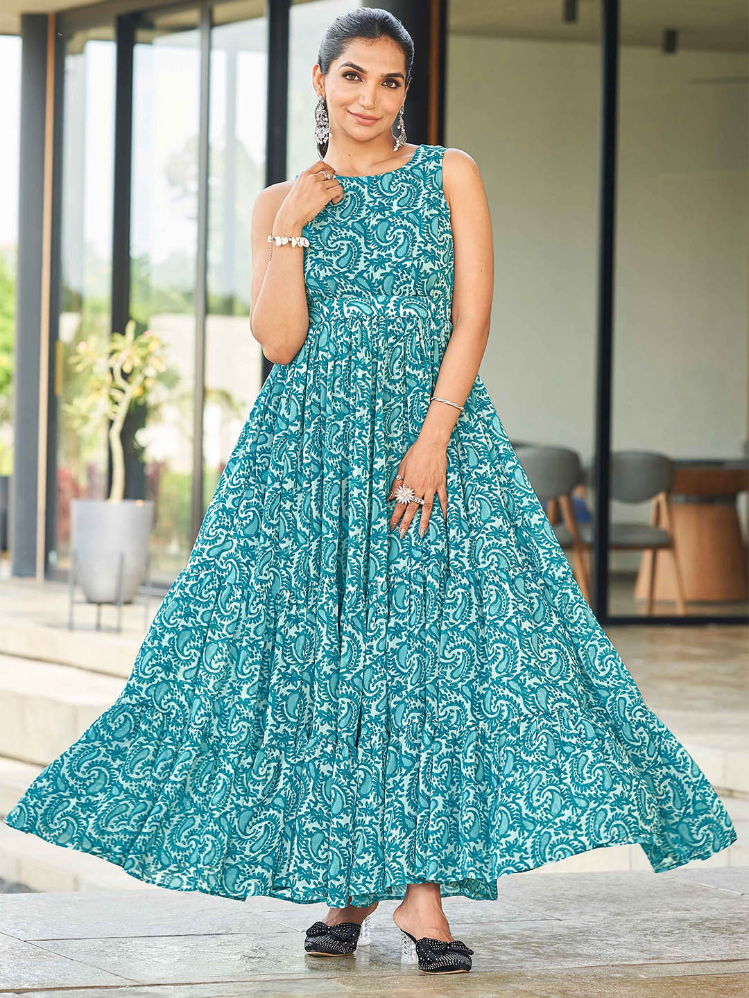 ODD BY chansi TRENDZ Women Turquoise Blue Floral Printed  Fit & Flare Maxi Dress