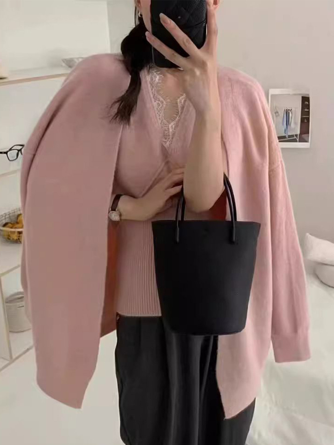 bebe Women Solid V-Neck Lace Inserts Longline Cardigan