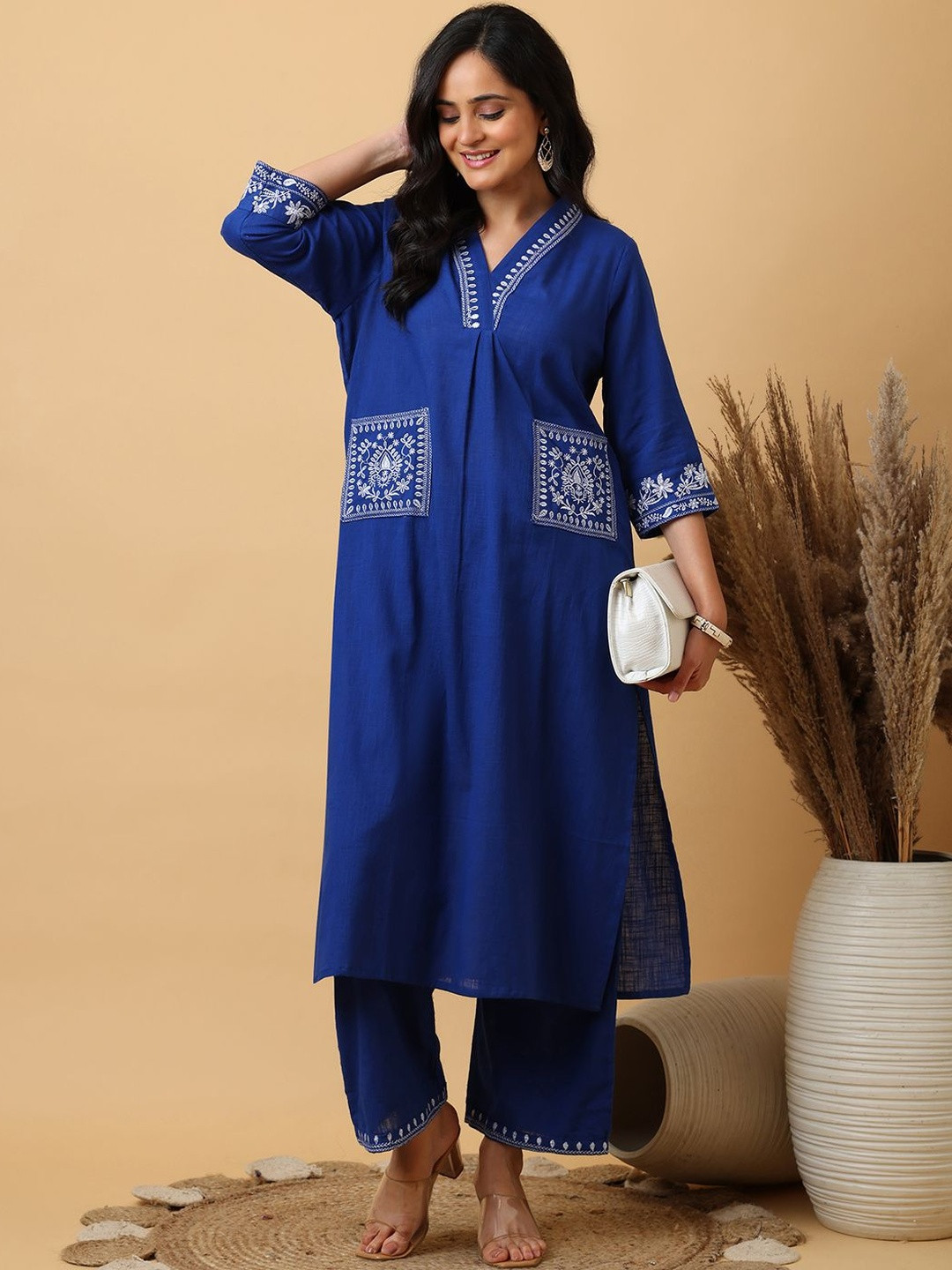 KALINI Women Blue Cotton Embroidered Thread Work Kurta with Trousers