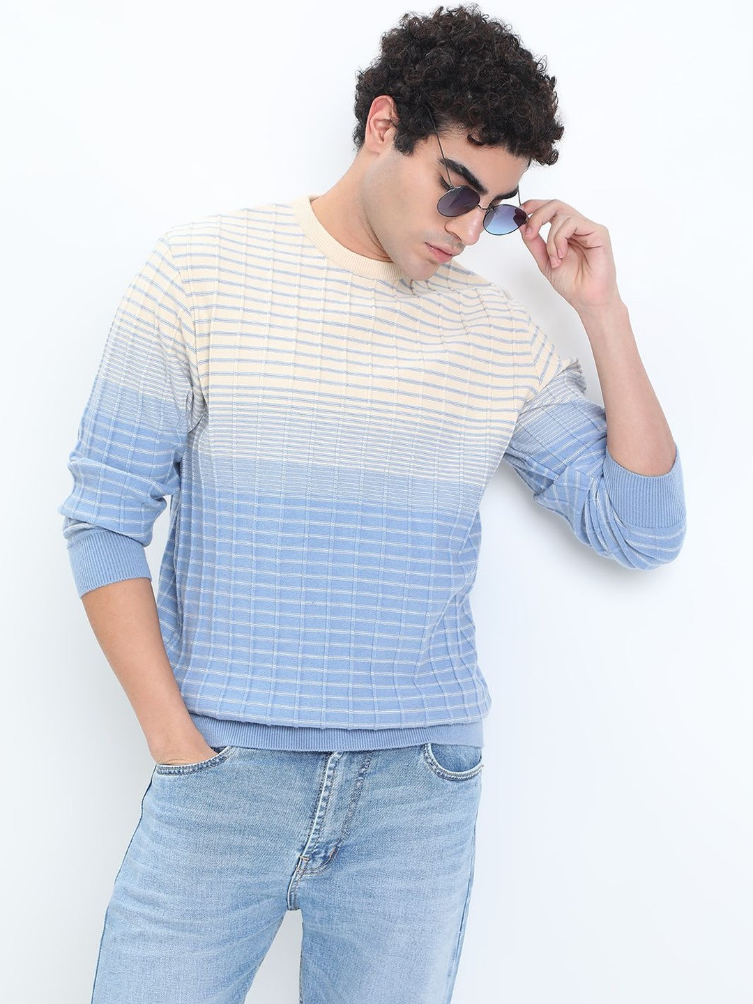SHOWOFF Men Ombre Blue Ribbed Round Neck Sweater