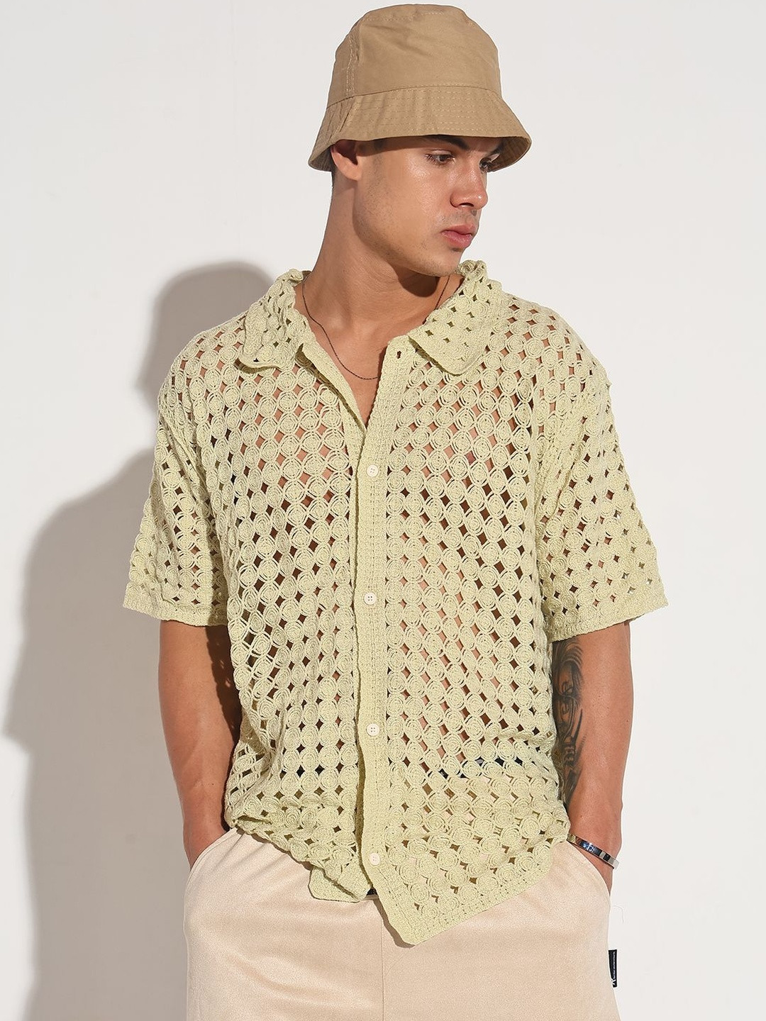 SHOWOFF Men Green Cotton Casual Oversized Crochet Shirt