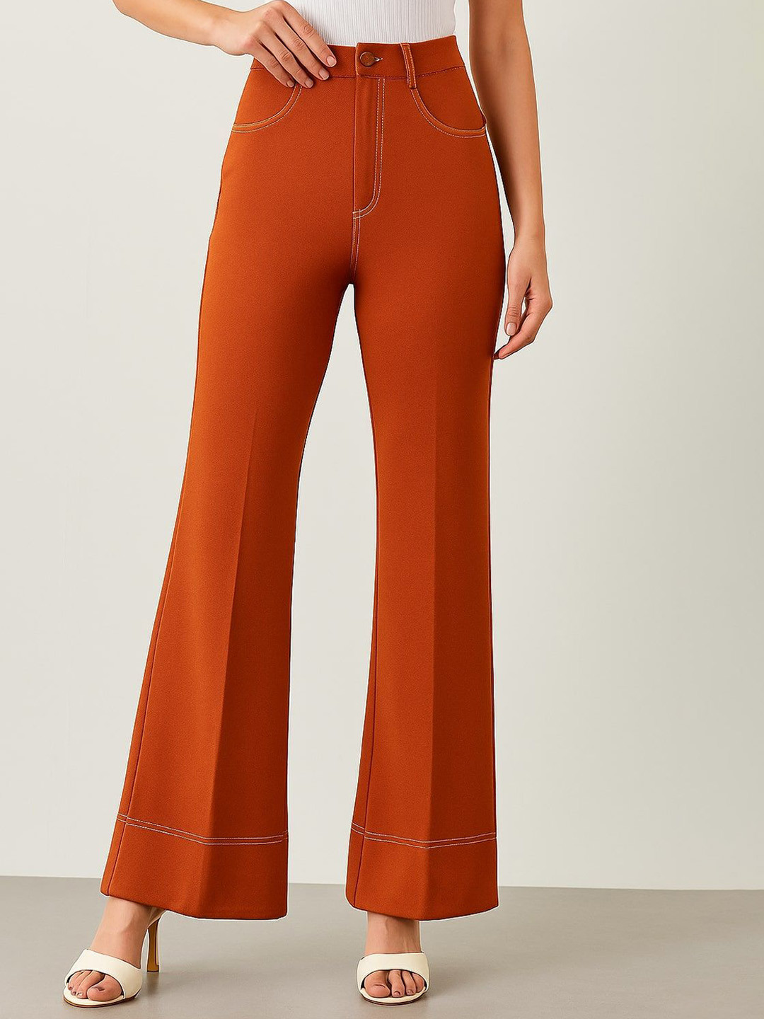 R.Code by The Roadster Life Co. Women Solid High-Rise Bootcut Trousers