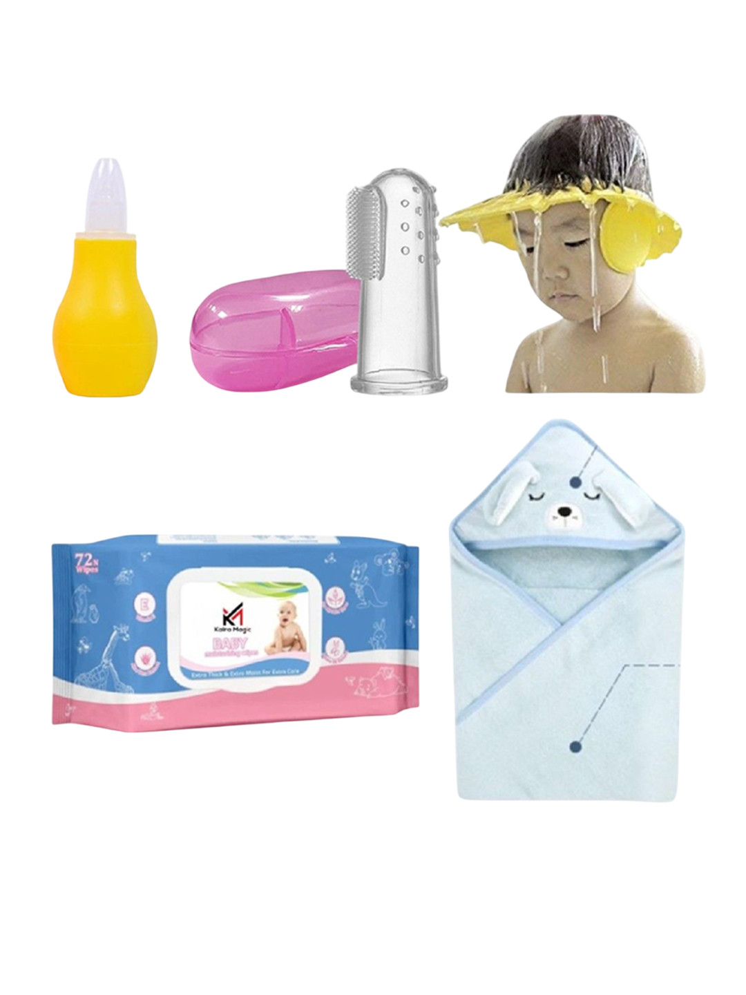 Kalra Magic Set Of 5 Towel Wet Wipe Finger With Brush Shower Cap & Nasal Baby Care Kit
