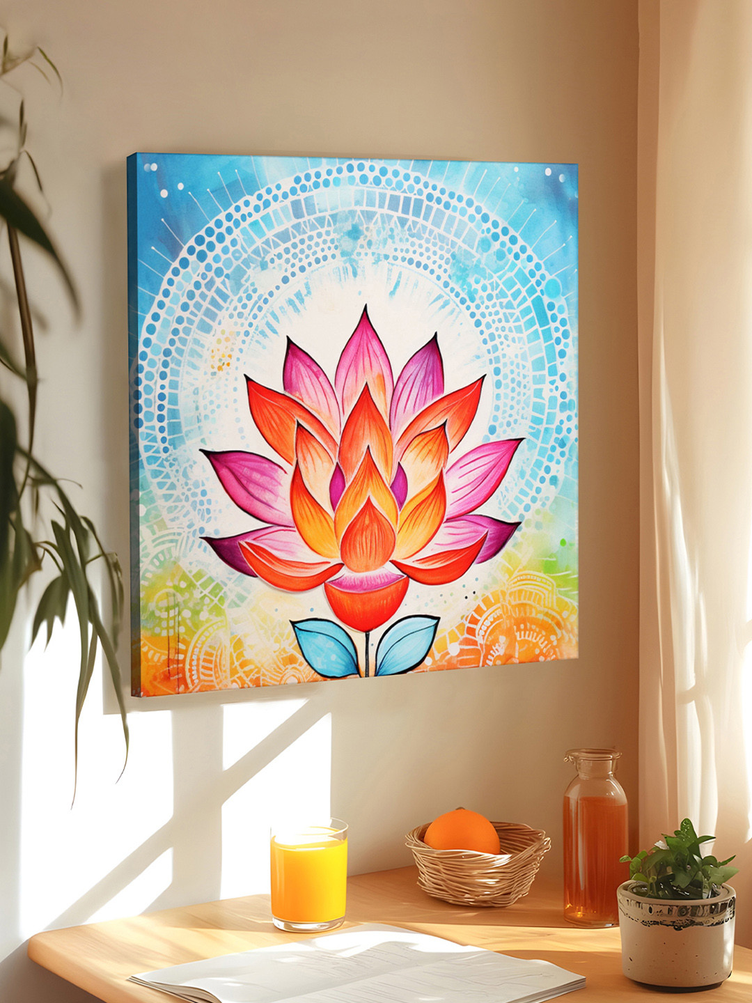 Art Street Blue Pink Lotus Floral Vastu Stretched Canvas Wall Art Painting 22x22 In