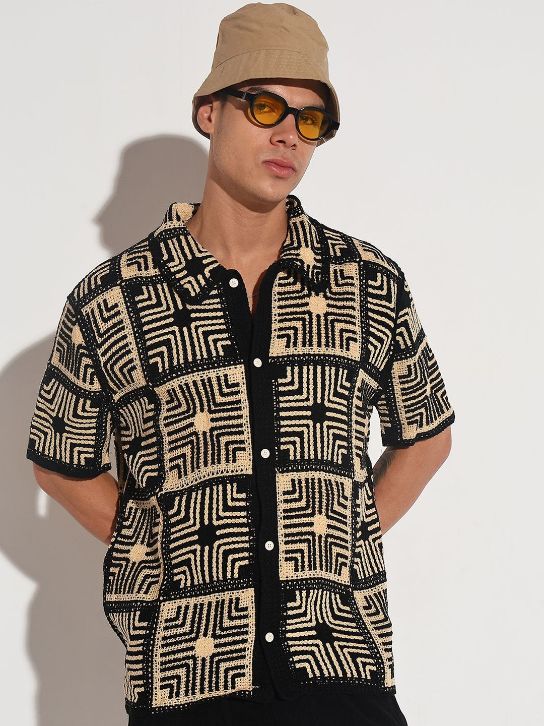 SHOWOFF Men Black Cotton Casual Checked Relaxed Fit Crochet Shirt