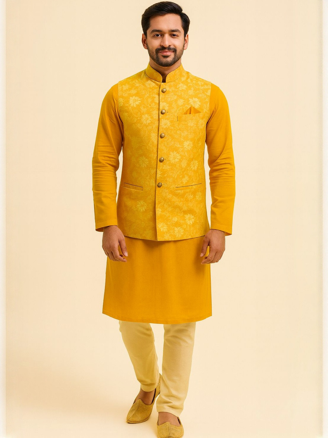 Shahi Achkan Men Yellow Floral Brocade Golden Jacquard Weave Waistcoat