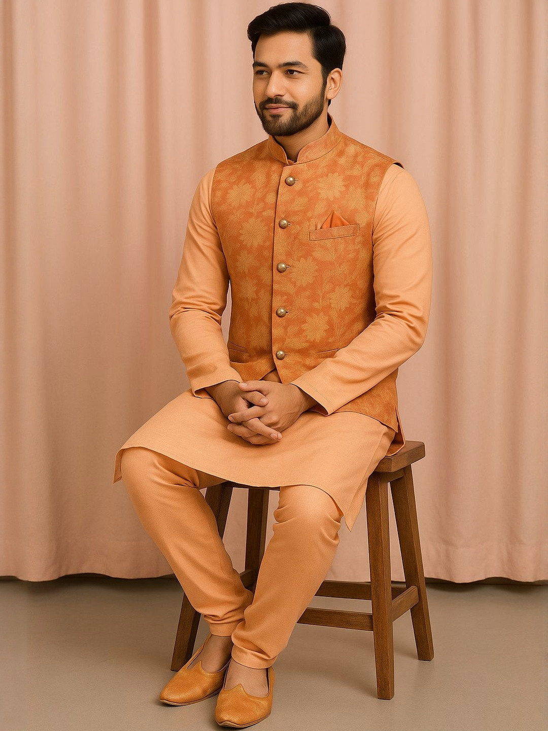 Men Orange Floral Brocade Waistcoat