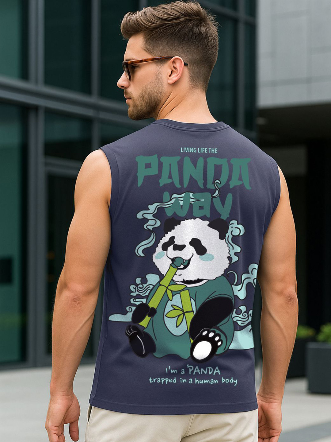 Bewakoof Men Navy Blue The Panda Way Graphic Printed Boxy Fit Vest