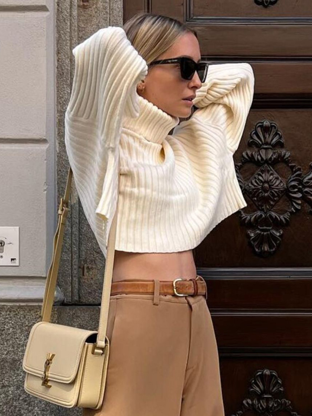 bebe Women Oversized Turtleneck Bell Sleeves Knitted Cotton Sweater