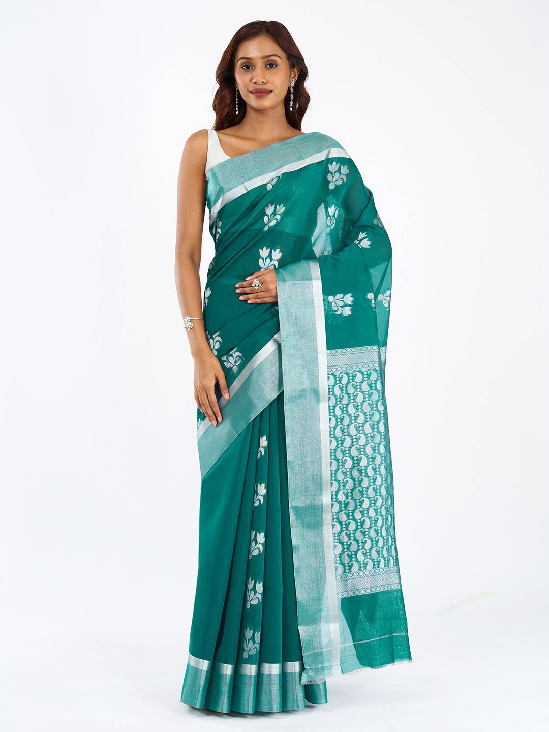 TEEJH Bhimtal Silk Cotton Teal saree