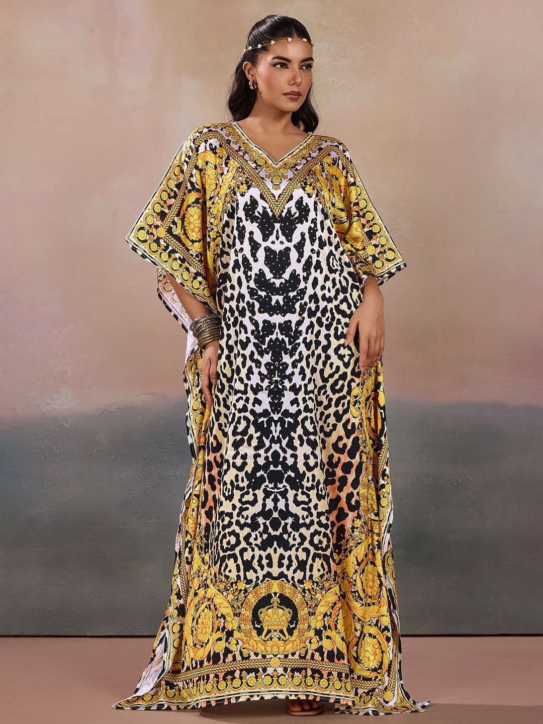 LABEL AARNA Women Golden Digital Printed Grace Soft Satin Kaftan Dress With Rhinestone