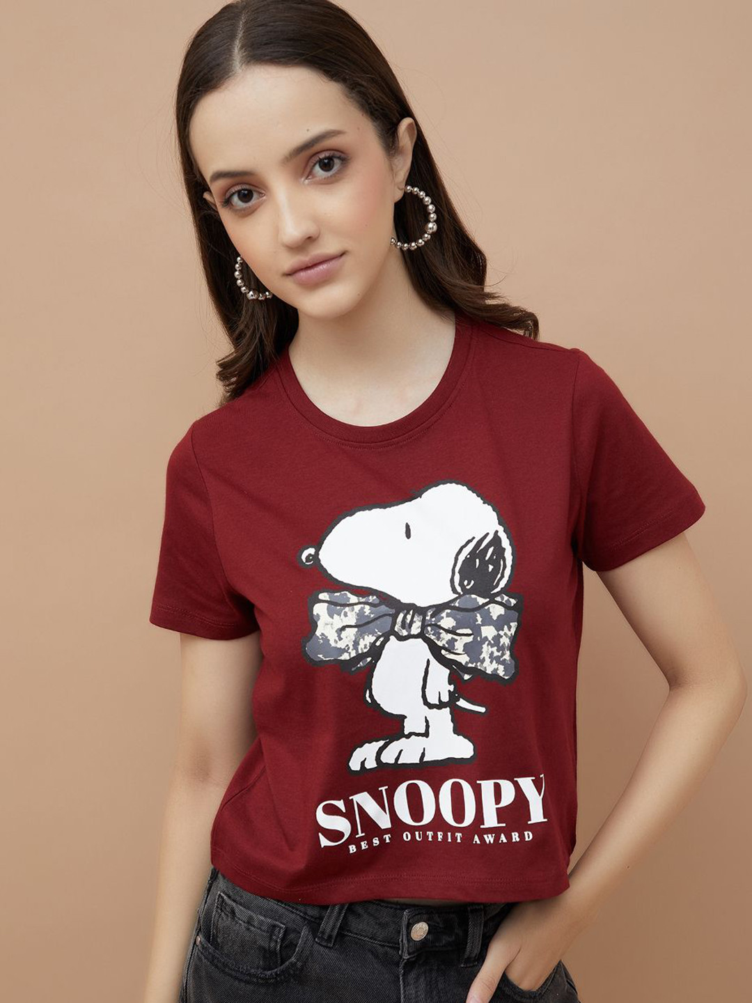 Ginger by Lifestyle Women Snoopy Graphic Printed Round Neck Cotton T-shirt