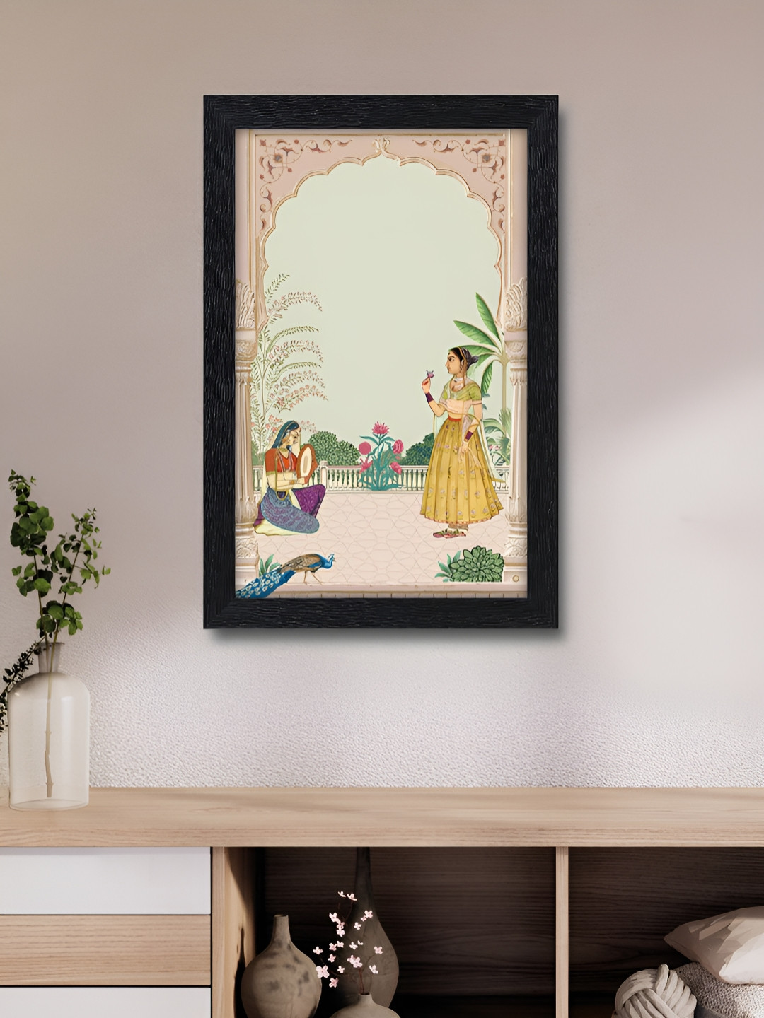 RANDOM Beige & Yellow Royal Mughal Lady with Mirror Gloss Laminated Framed Wall Art