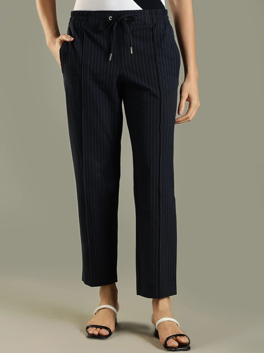 Tommy Hilfiger U.S Women Striped Regular Fit Mid-Rise Pleated Trousers