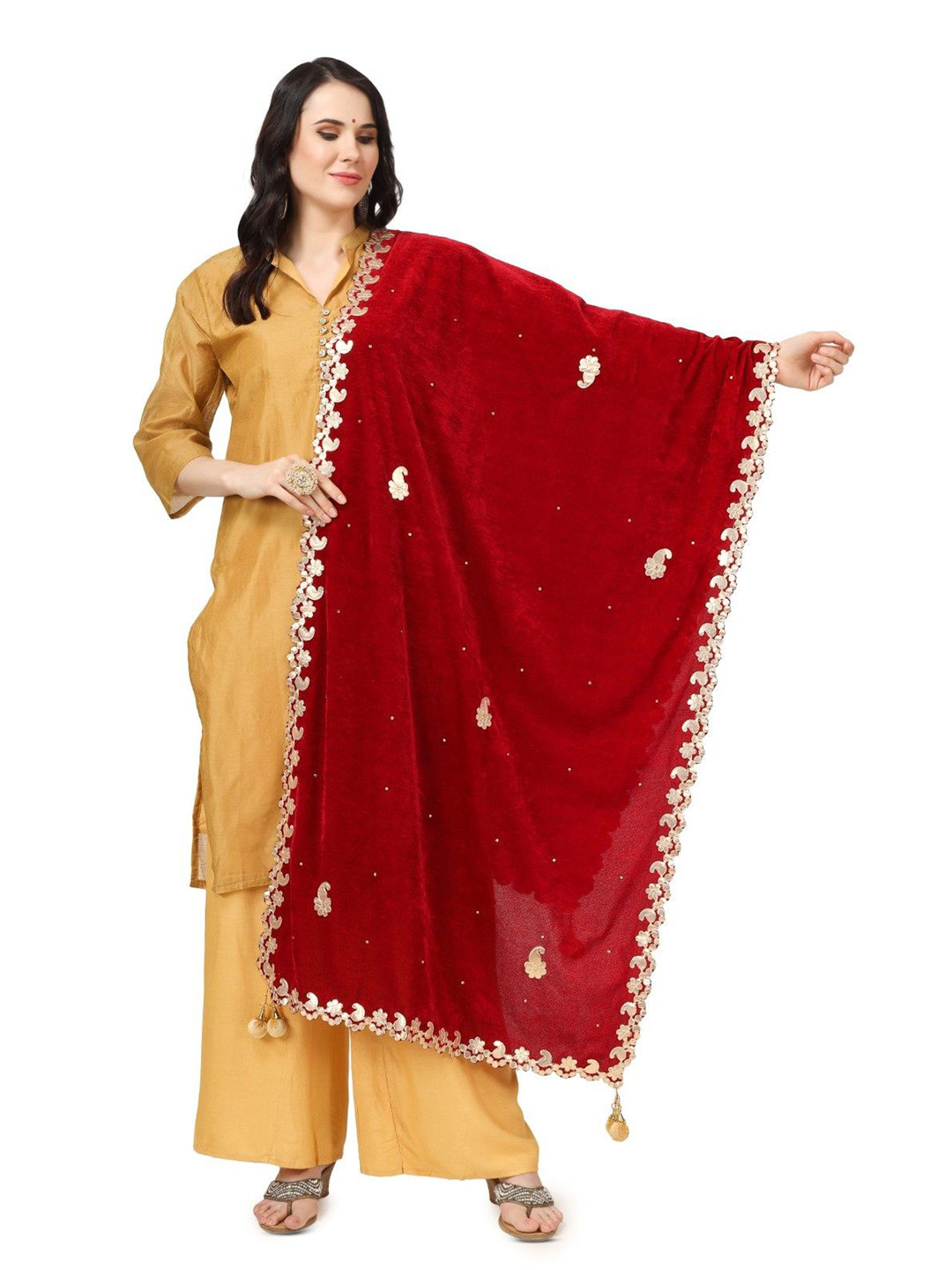 A R SILK DUPATTA HUB Paisley Embroidered Velvet Dupatta With Gotta Patti