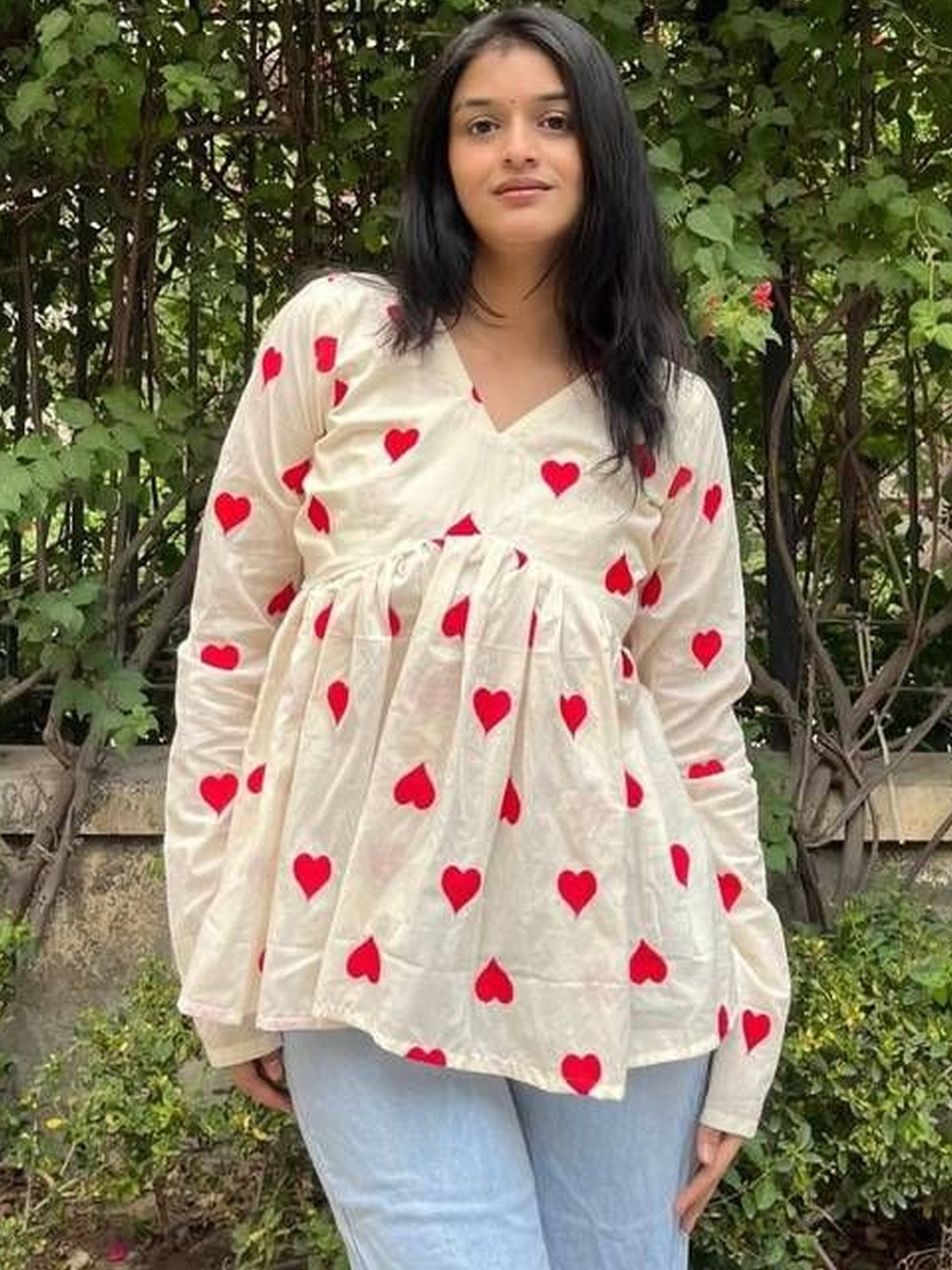 ROPADEMODA Women Red Heart Printed Top