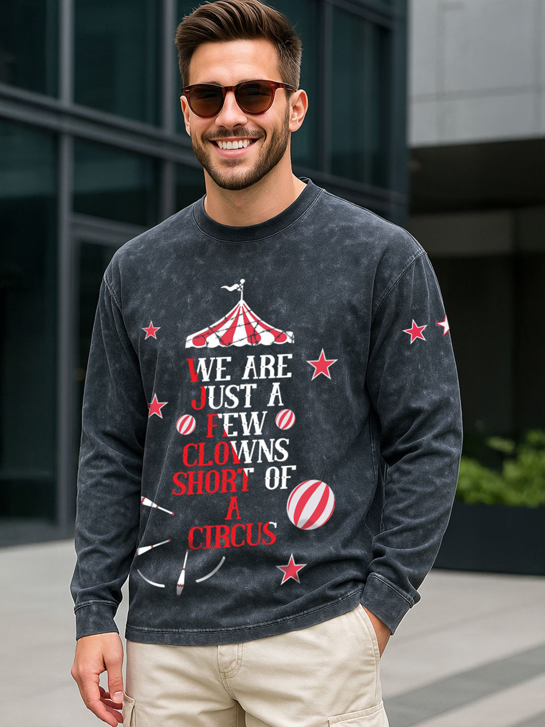 Bewakoof Men's Dark Grey Clown Graphic Printed Oversized Acid Wash T-shirt