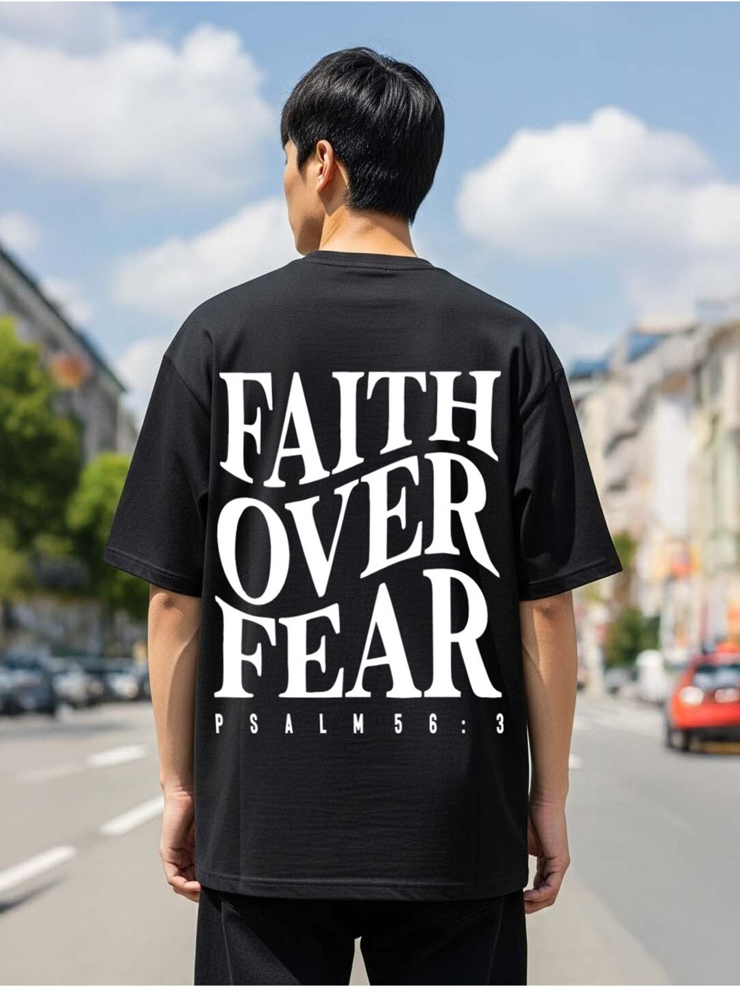SZN Men Black & White Faith Over Fear Oversized T-shirt