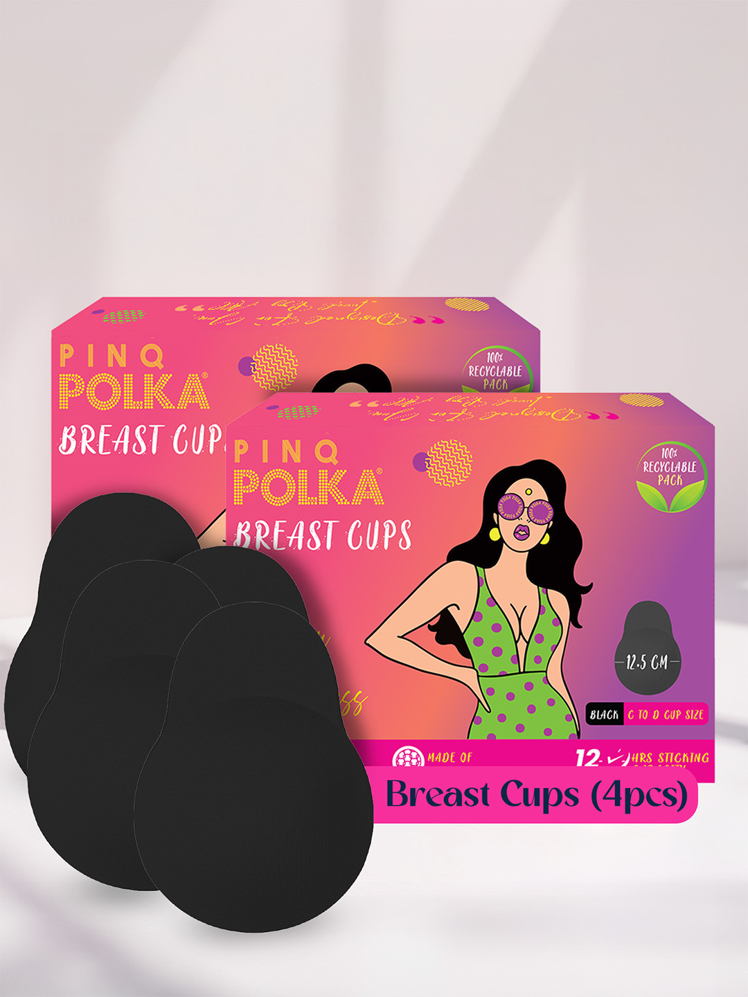 PINQ POLKA Reusable Boob Lift Cups C-D Size Stick On Bra Push up Pasties Black 4 pcs
