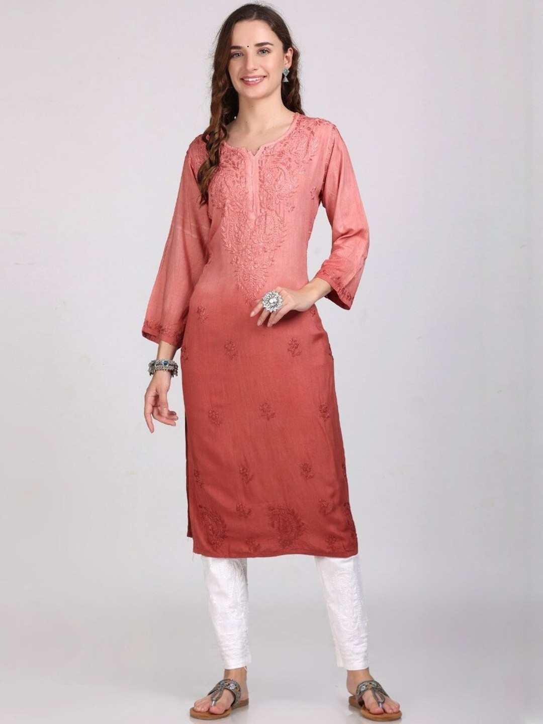 MALABIS Women Rust Viscose Rayon Dyed Chikankari Round Neck Long Straight Kurtis