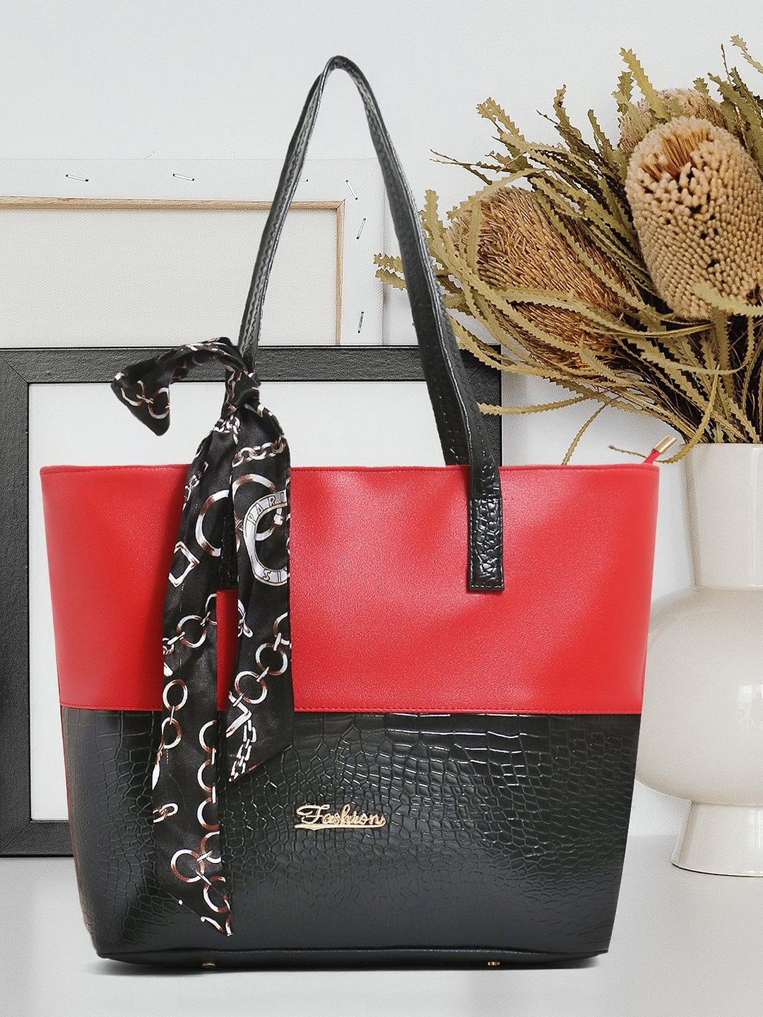 CASASTORE Women Colourblocked Structured Zip Detail Shoulder Bag with Scarf