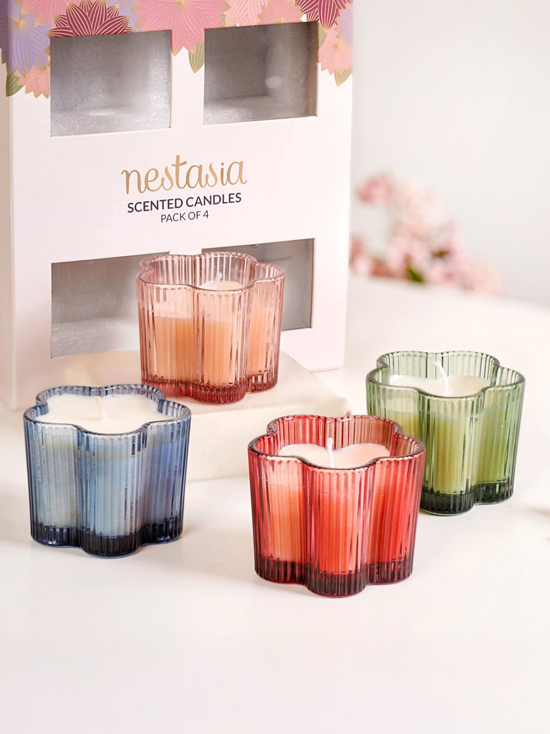 Nestasia Blue & Green 4 Pieces Fragrant Scented Textured Jar Candles