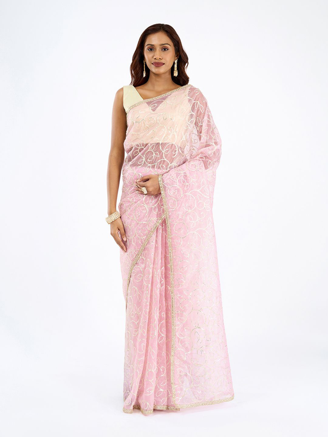 TEEJH Mehefil Light Pink Net Gota Saree