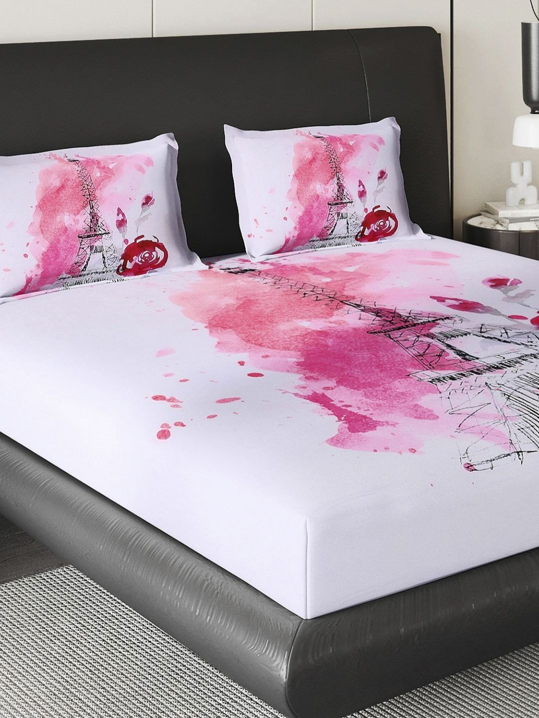 Monte Carlo Urban White & Pink Abstract 160 TC King Bedsheet Set 2.50 m x 2.70 m 252 GSM
