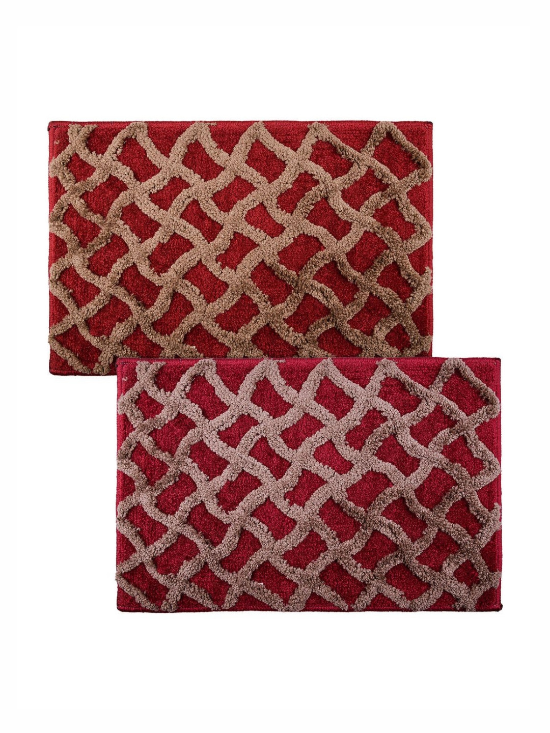 Aura Red & Beige 2 Pieces Zig-Zag-Design Velvet Anti-Skid Doormats