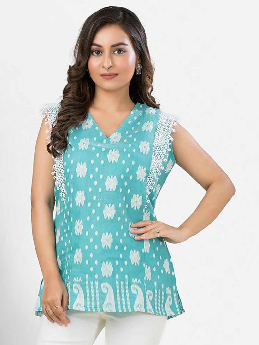 Turquoise Blue Ethnic Motifs V-neck Sleeveless Top