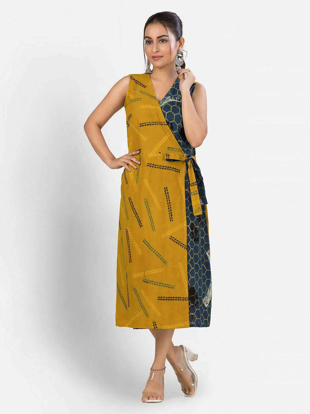 Mustard Abstract Wrap Midi Dress