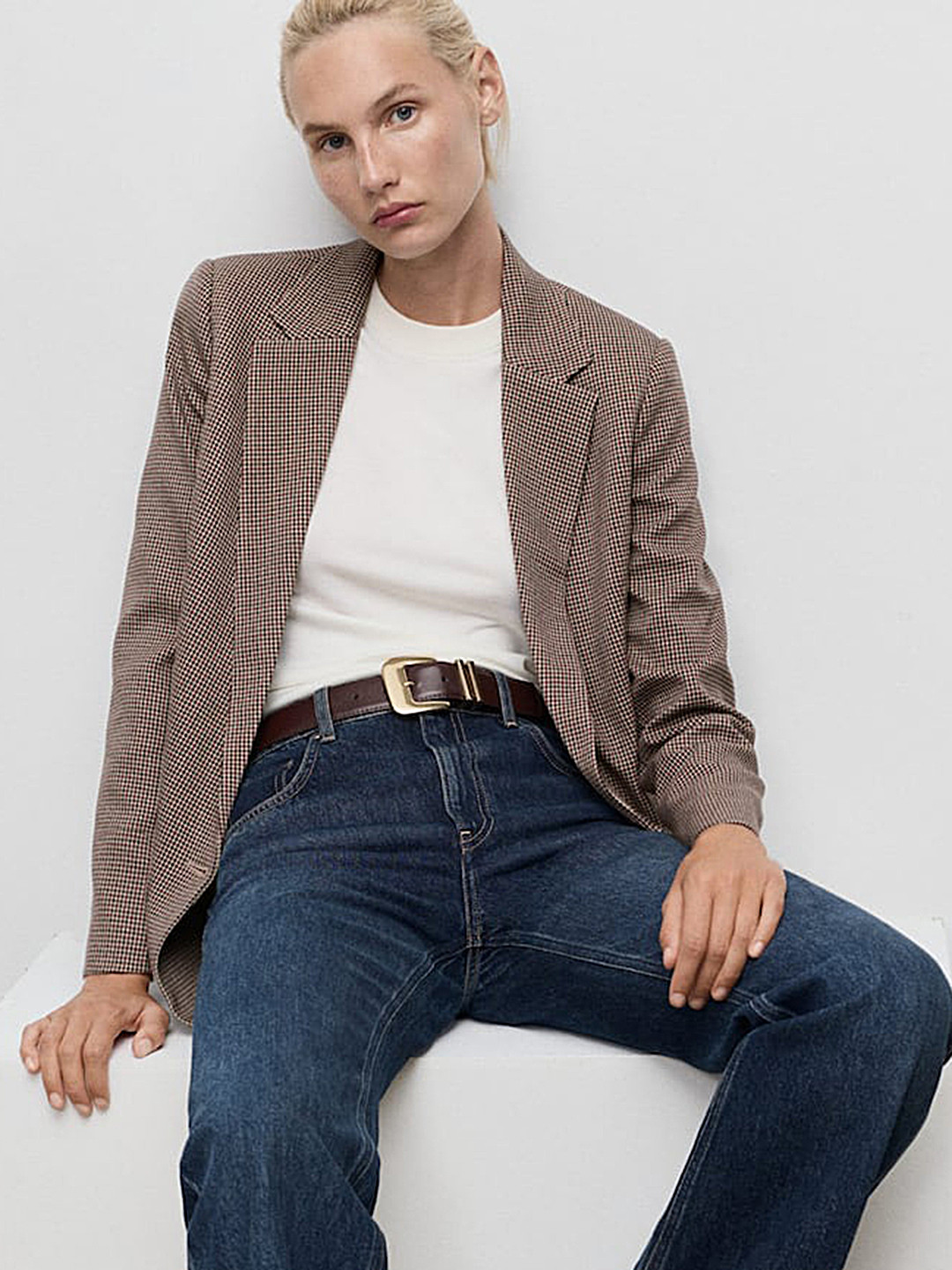 MANGO Notched Lapel Single-Breasted Blazer Houndstooth Checked Blazer