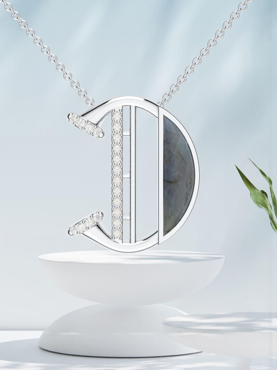 Kicky And Perky 925 Sterling Silver Rhodium-Plated Stones Studded D Pendant With Chain