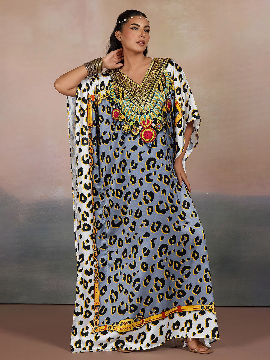 LABEL AARNA Women Grey Printed Safari Chic Luxe Soft Satin Kaftan Dress With Rhinestone