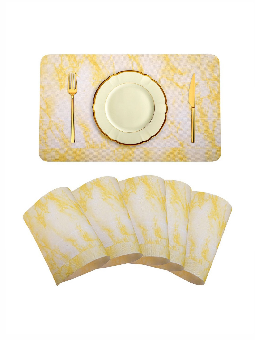 Aura Yellow & White 6 Pieces Marble Printed Rectangle Table Placemats