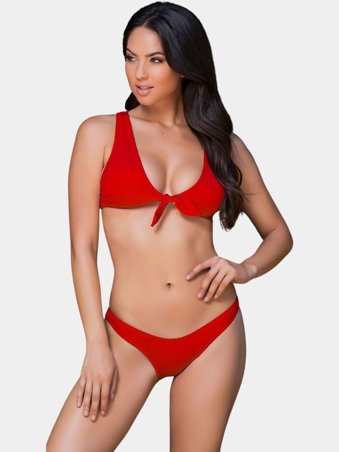 LoveAasan Women Red Deep Neck Bikini Set