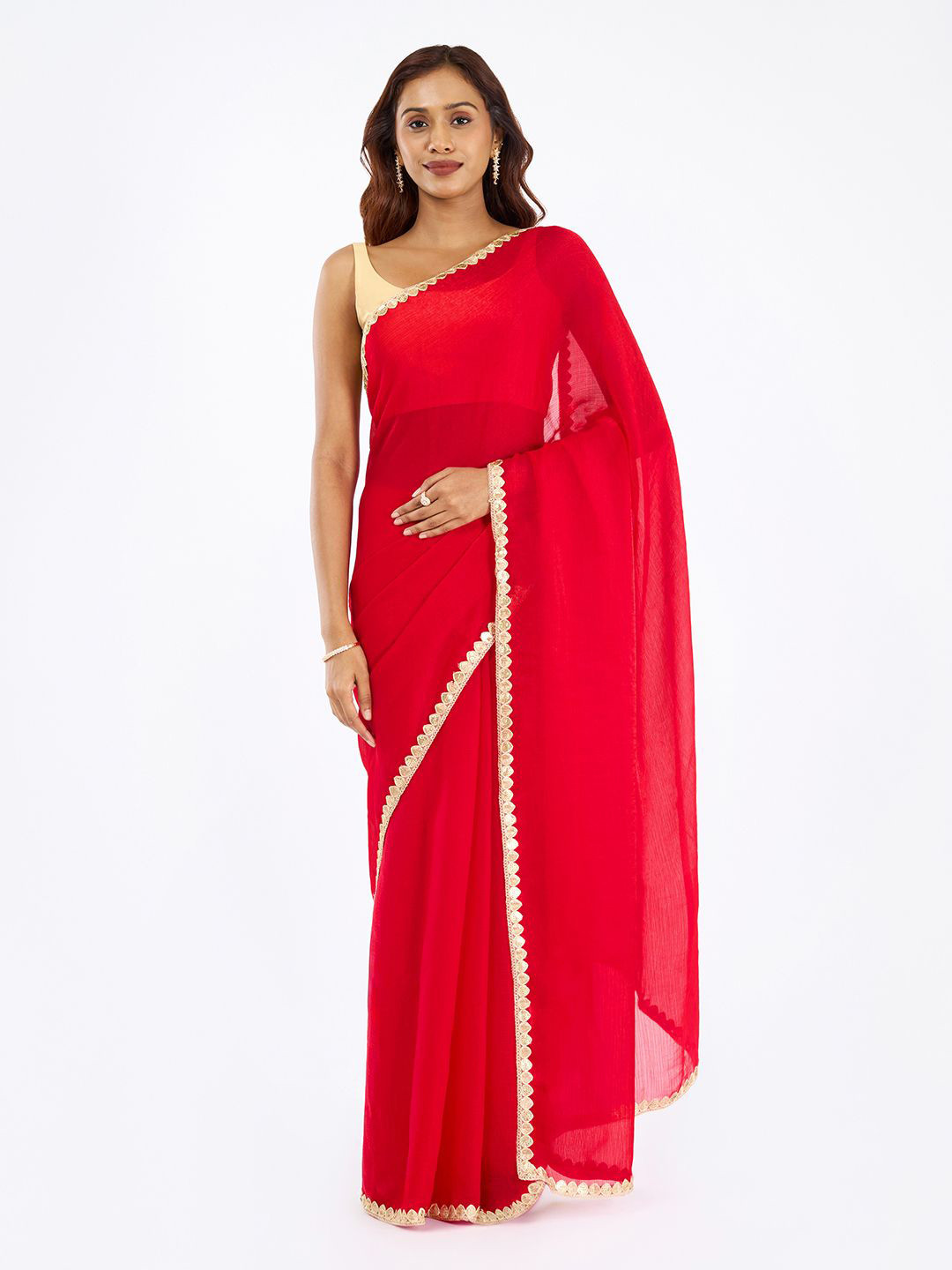 TEEJH Red Shimmer Chiffon Saree