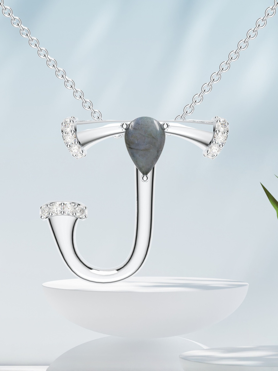 Kicky And Perky 925 Sterling Silver Rhodium-Plated Stones Studded J Pendant With Chain