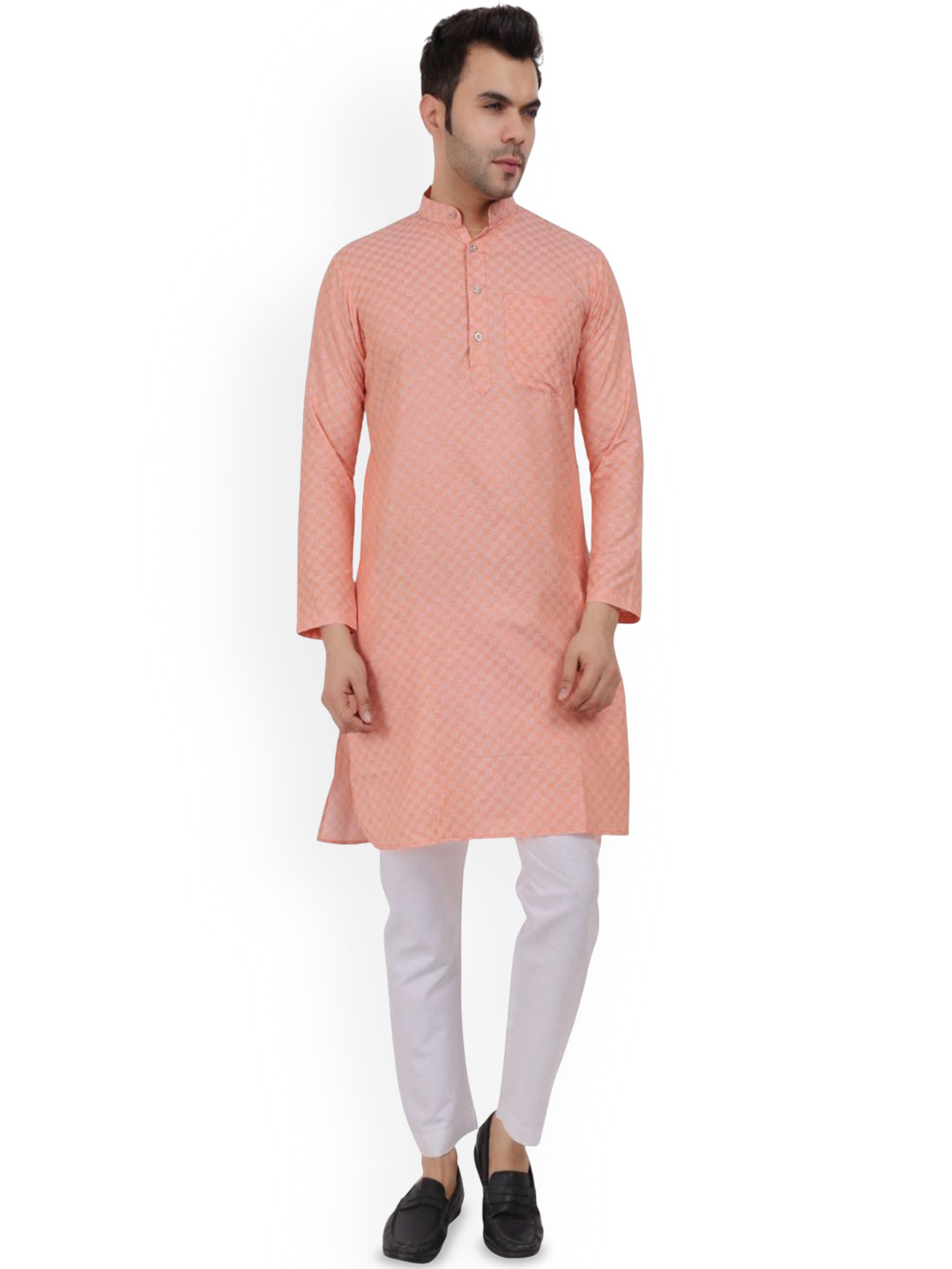 KHADILINE Geometric Woven Design Mandarin Collar Pure Cotton Straight Kurta & Trousers