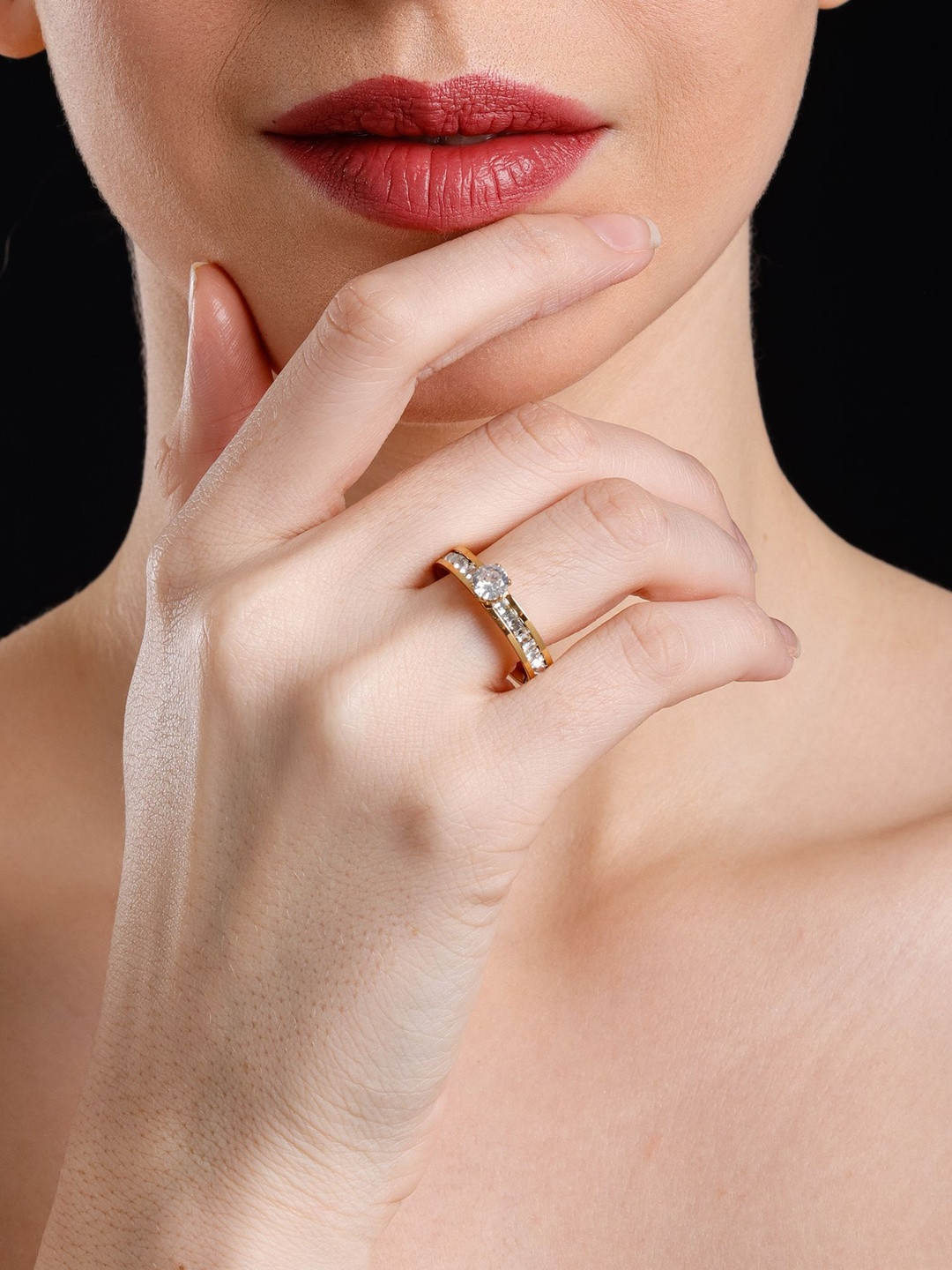 Klean & Care Women Gold-Plated Crystal Solitaire Ring