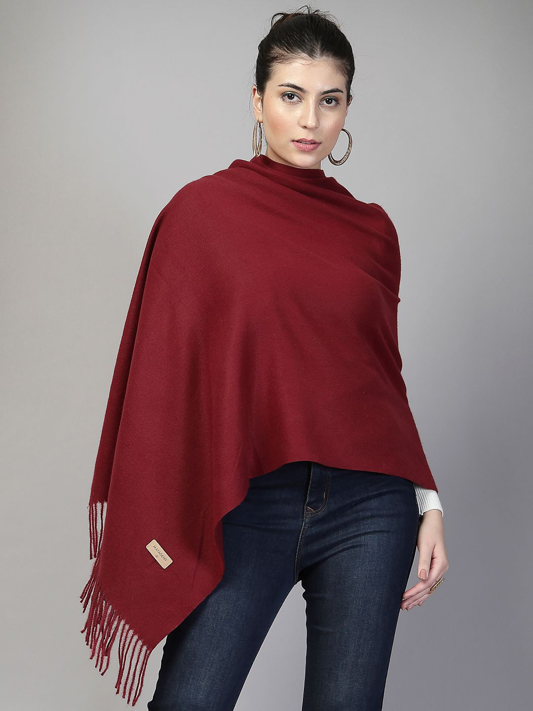 Mafadeny Women Solid Wool Tassels Bottom Stole