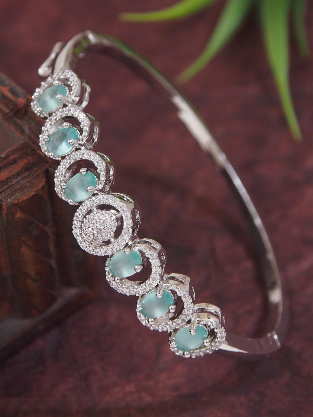 VRINDHA Women Brass American Diamond Rhodium-Plated Bangle-Style Bracelet