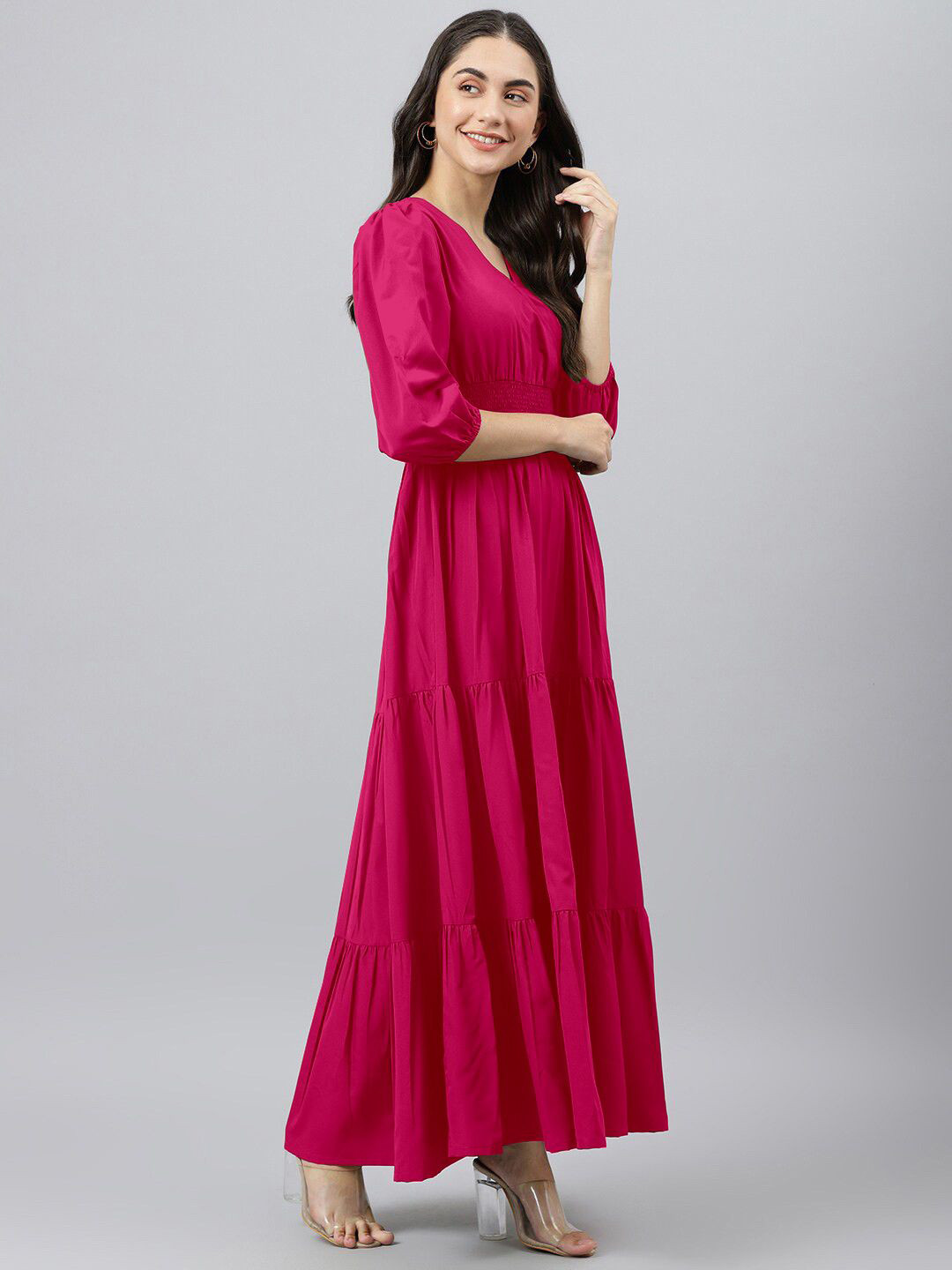 Raiyani Fashion Women V-neck Three-Quarter Sleeves Tiered Maxi Dress With Applique