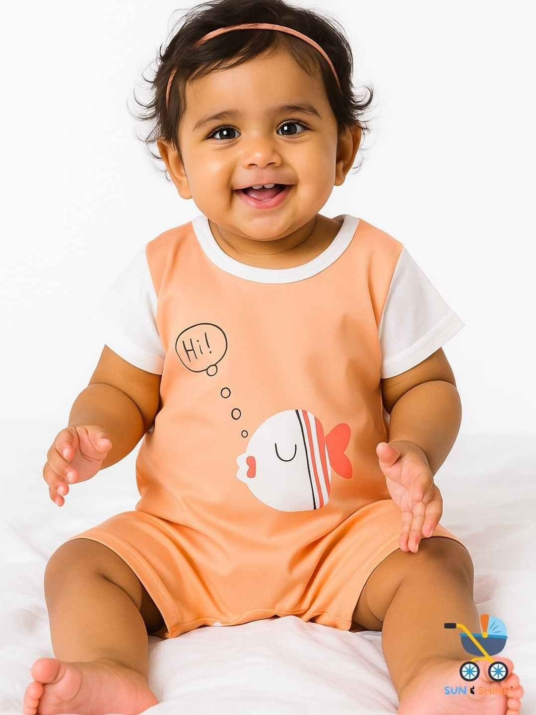 Sun & Shine Unisex Kids Peach Fish Printed Cotton Romper