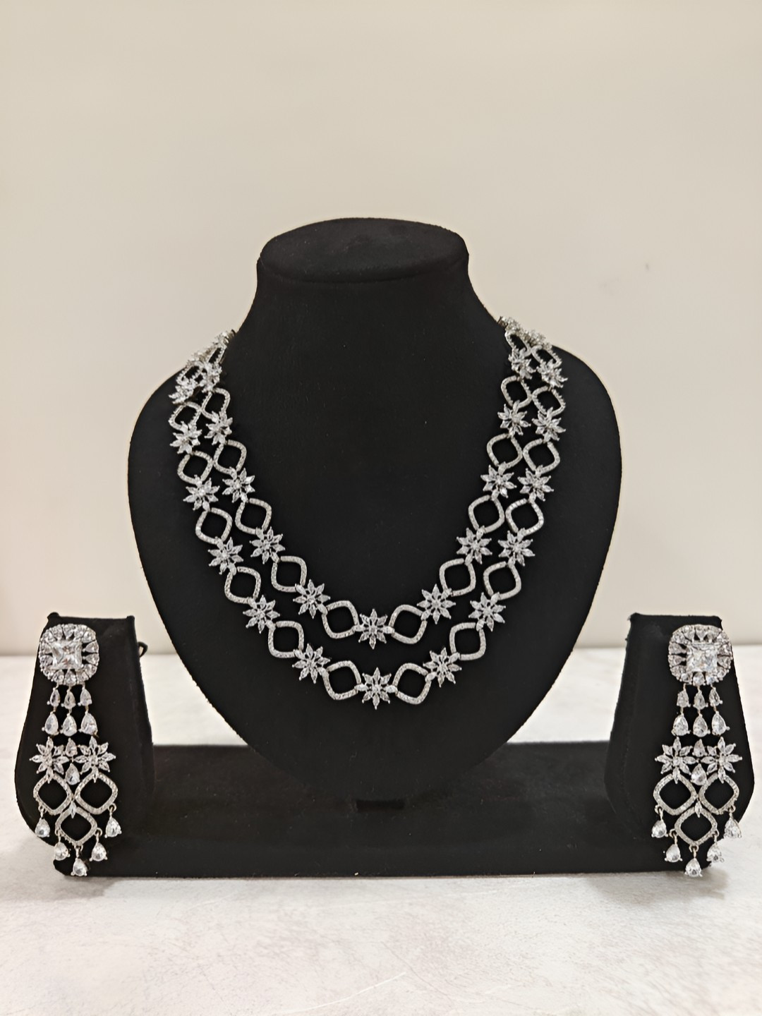 THEPANDASTOREE Silver Plated American Diamond Statement Necklace Set with Long Earrings